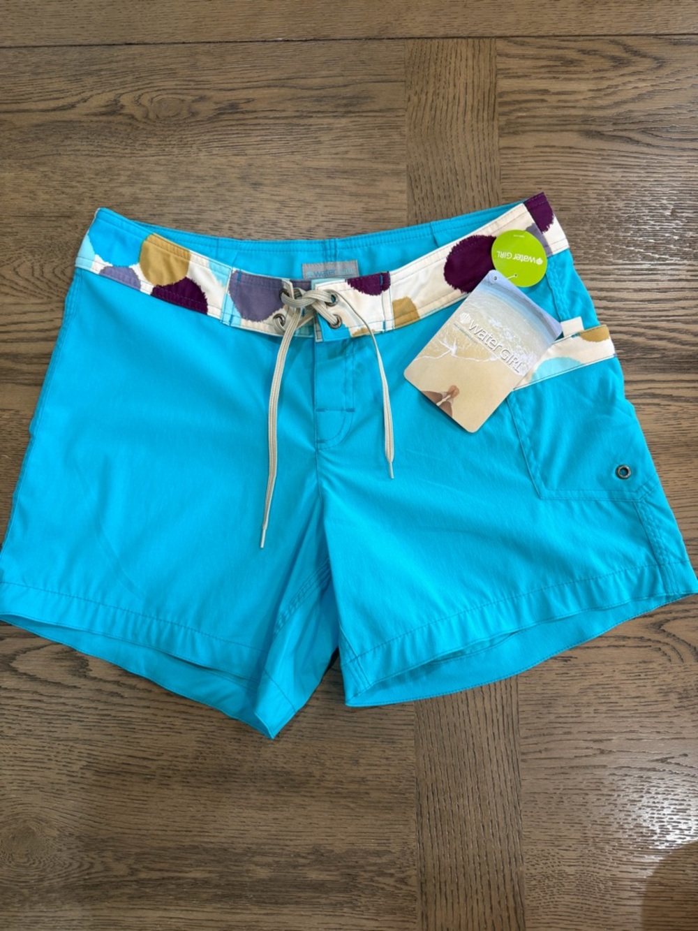 NWT 90’s Patagonia Y2K Water Girl turquoise Women's Board Shorts Polka Dot band